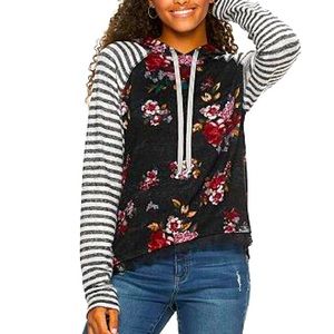Rewind Lace Trim Floral and Stripes Hoodie Pullover, S
